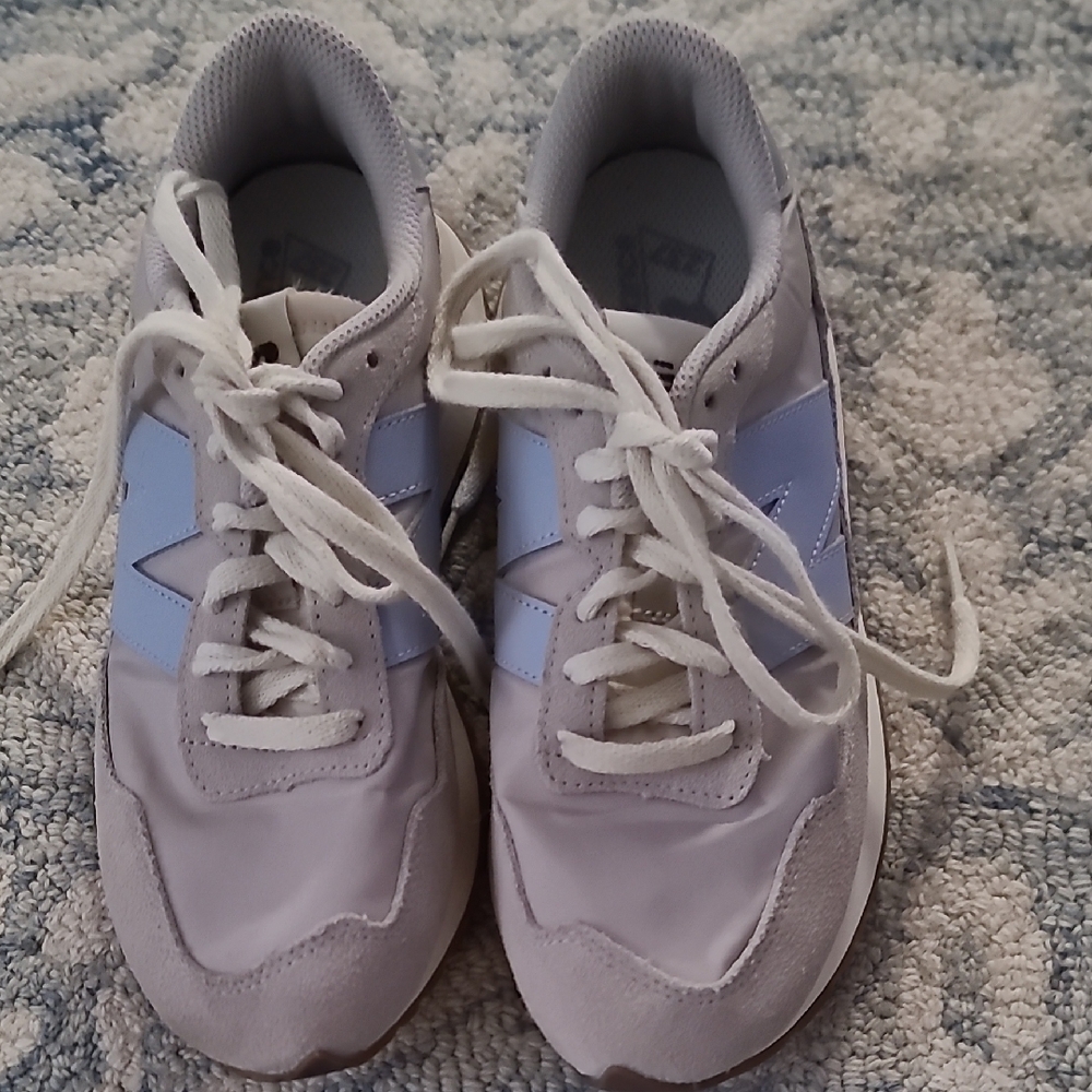 New Balance White and Light Blue Sneakers